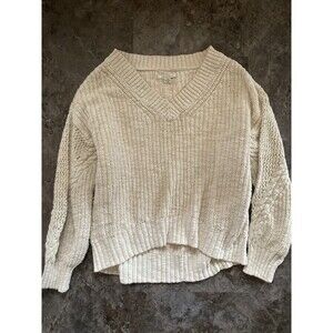 American Eagle Sweater Women’s S Cable Knit Cream Ivory V-Neck Top Knit